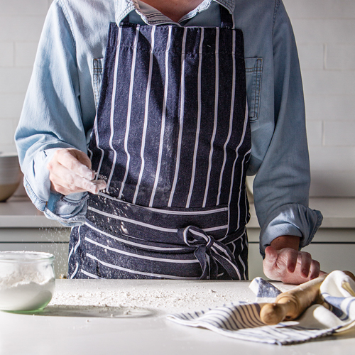 Navy striped apron styled