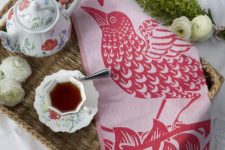 Red Twiggy Bird Jacquard Tea Towel